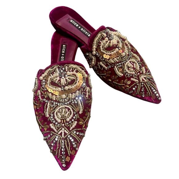 Alice + Olivia Raspberry Urtin Embellished Velvet Mules/Slides NWOB Size 8.5 - Picture 4 of 11